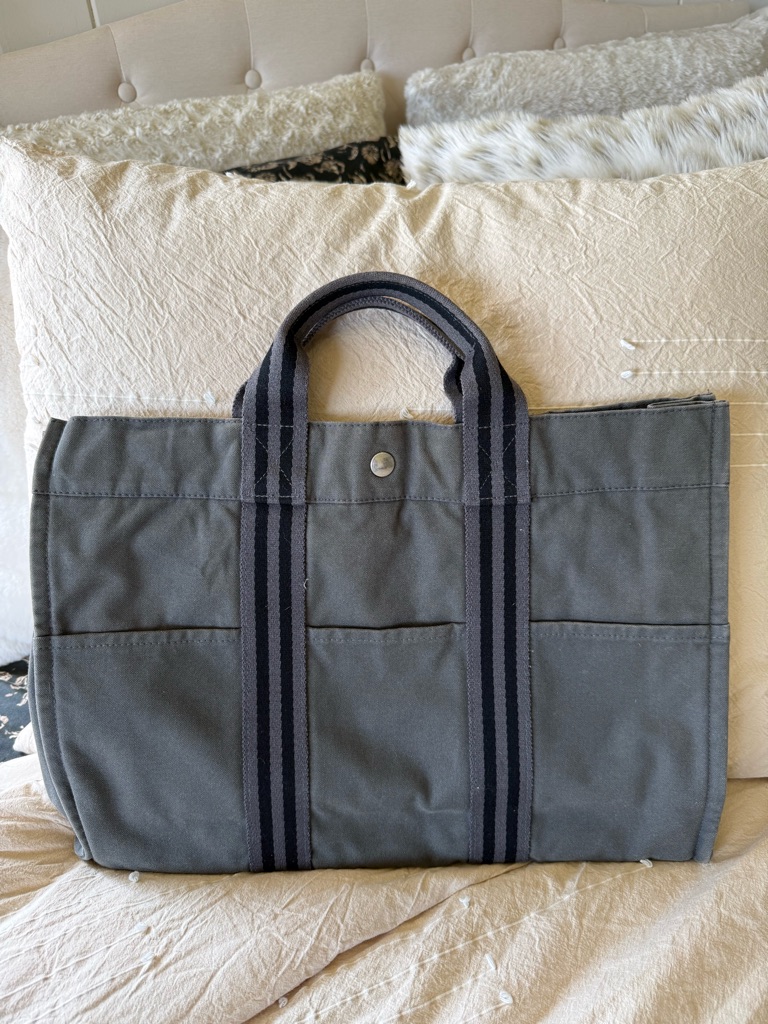 Hermes Gray Canvas Tote With Striped Web Handles